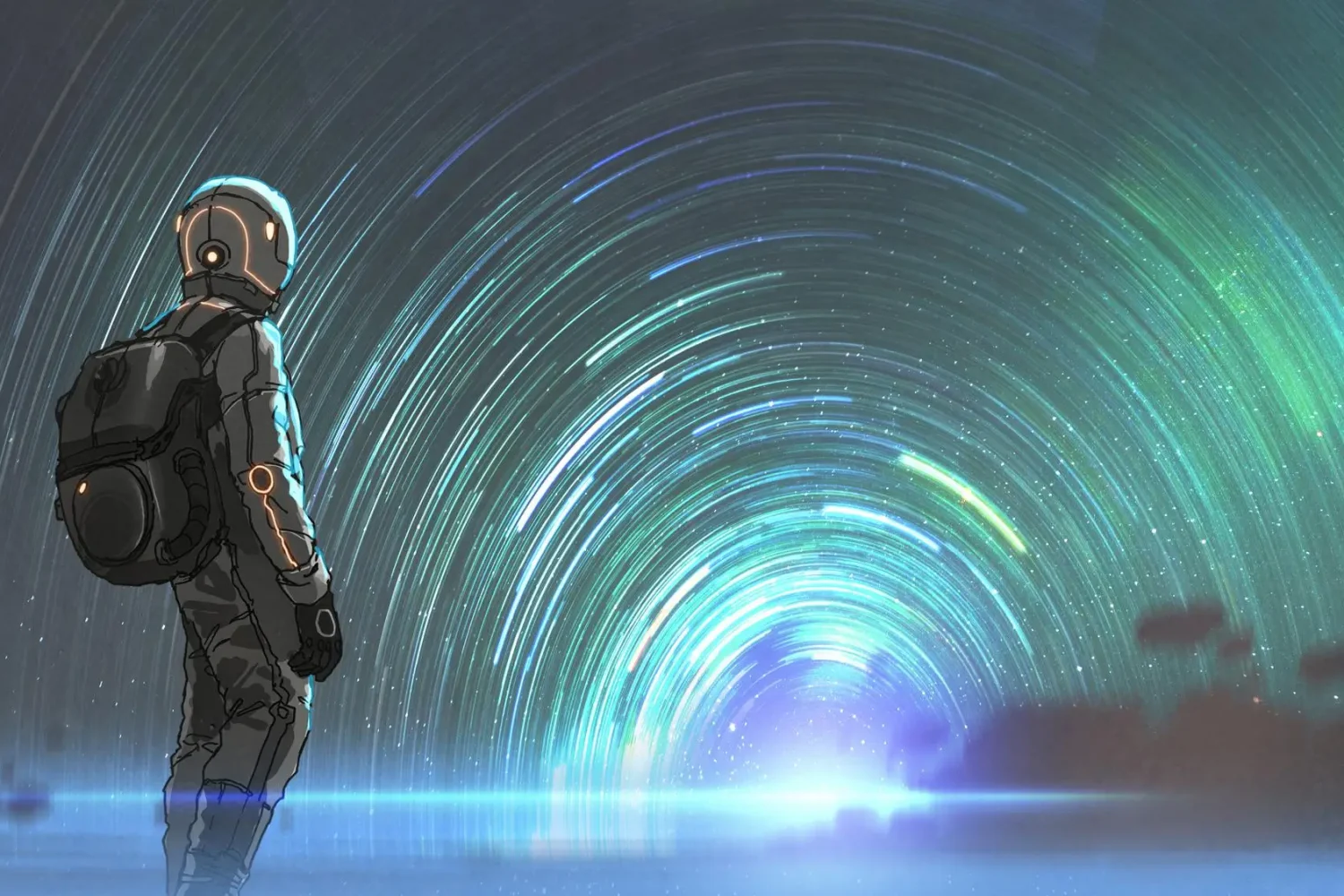 science-fiction-scene-astronaut-standing-front-starry-tunnel-entrance-digital-art-style-illustration-1